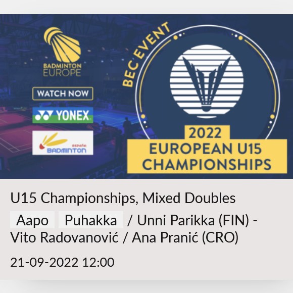 Aapo Puhakka / Unni Parikka (FIN) - Vito Radovanović / Ana Pranić (CRO)
Mixed Doubles (U15)
